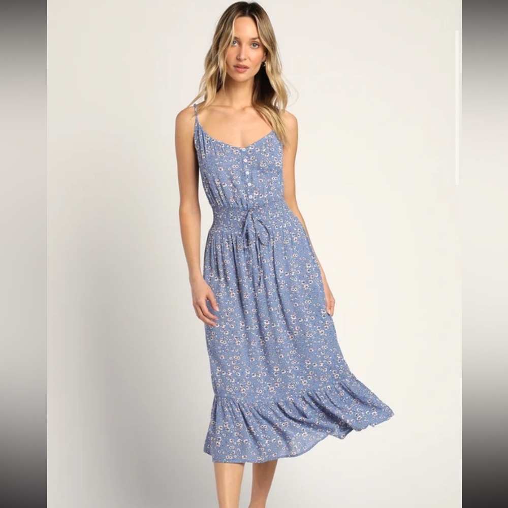 Lulus Life Is Sweet Blue Floral Print Tiered Midi Dress